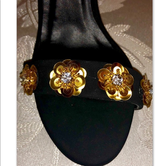 GOLD SEQUIN RHINESTONE VELVET ANKLE STRAPS - Picture 2 of 6